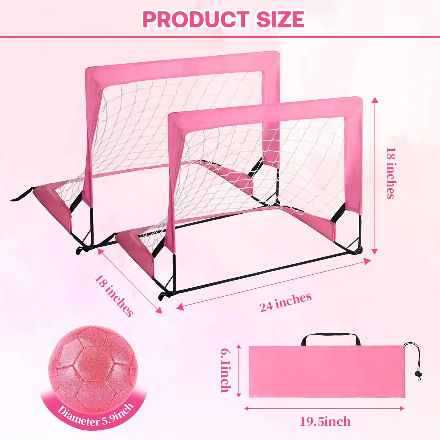 2 Pcs 24" x 16" Pink Mini Soccer Goal Set Indoor Soccer Goal Net Sparkling Pink Size 2 Toddler Soccer Ball Folding Small Soccer Goals Kids Soccer Ball Age 3-8 for Boys Girls Gifts (Sparkling Pink)