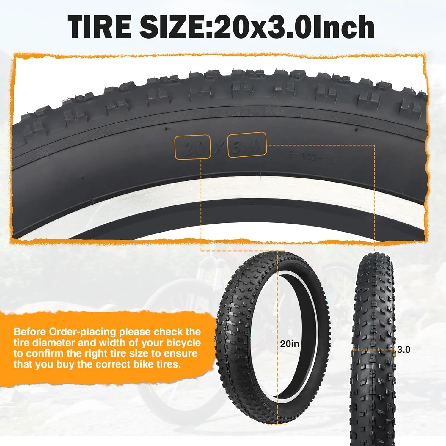 20/24 Inch Bike Fat Tire Electric Bike Tires 1 Pack 20 x3.0/24 X 3.0 Inch Bicycle Fat Tyre Folding Bead Tire Compatible 20" 24" Inch E-Bike Wide Mountain Snow Bicycle