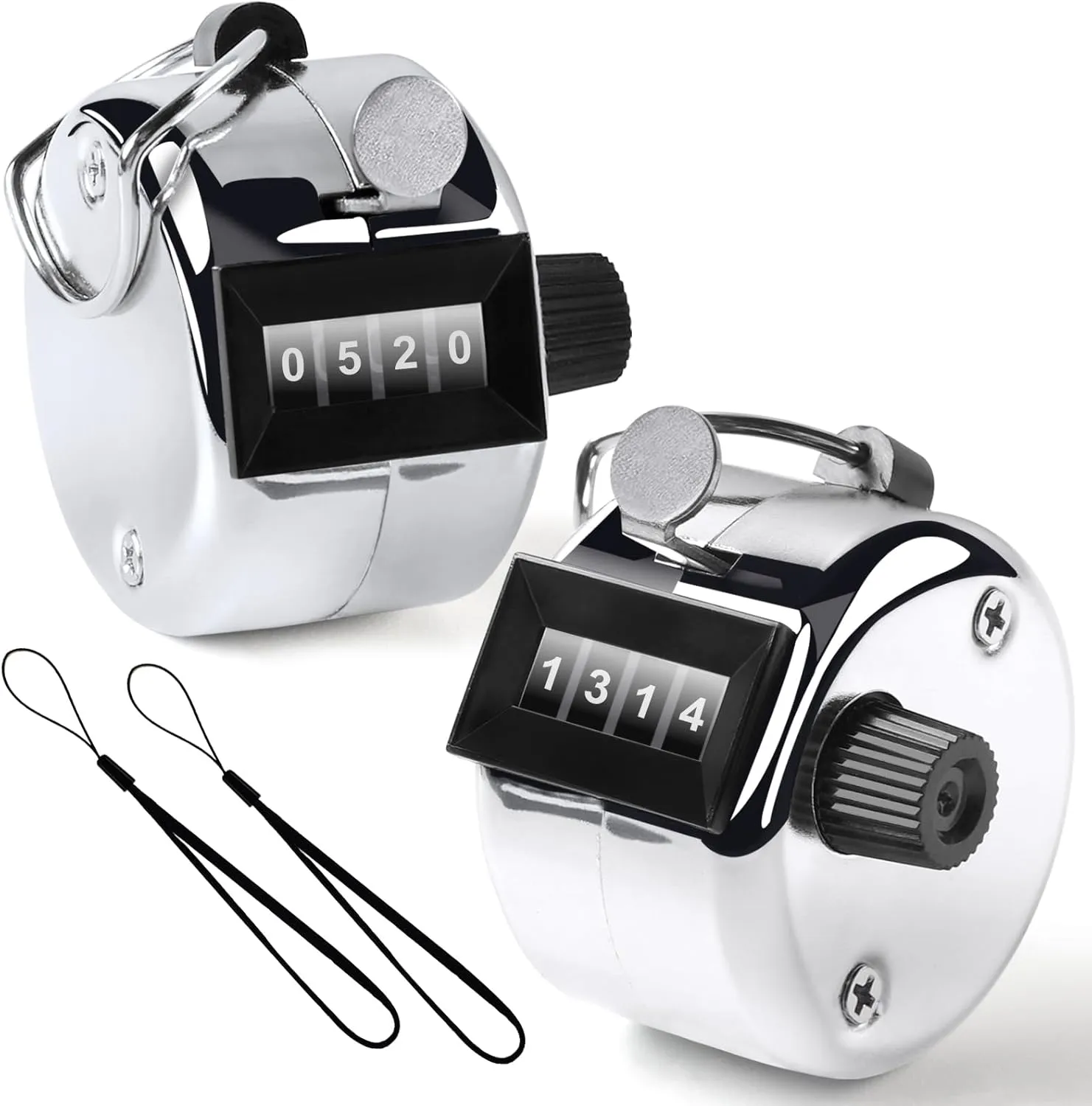2PCS Premium One Hand Counter Clicker, Silver Metal Clicker Counter, Manual Mechanical People Counter Clicker with Nylon Lanyard, 4-Digit Number Count Tally Counter Clicker for Golf, Lap & Row Etc.