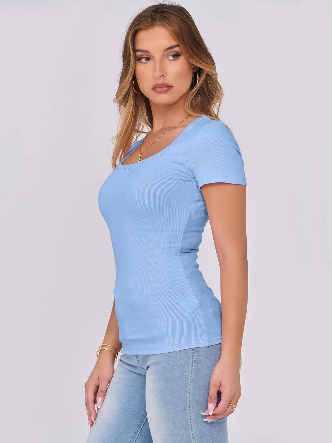 ANRABESS Women Short Sleeve Tops Scoop Neck Ribbed Knit Slim Fitted Basic Tee Shirts 2025 Casual Summer Trendy Clothes