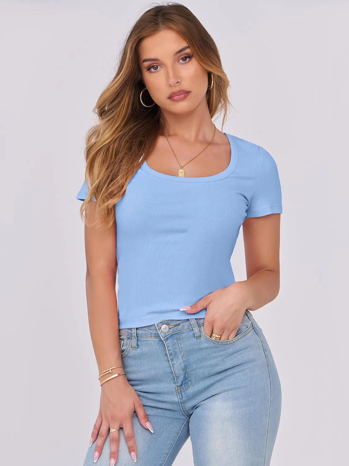 ANRABESS Women Short Sleeve Tops Scoop Neck Ribbed Knit Slim Fitted Basic Tee Shirts 2025 Casual Summer Trendy Clothes