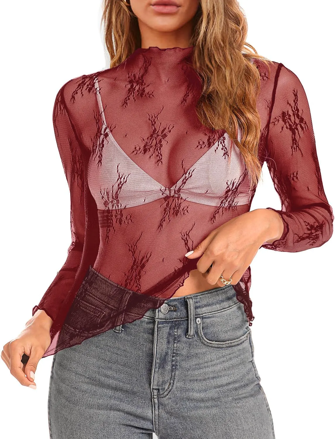 Aoulaydo lace Long Sleeve top for Women mesh Layering top Mock Neck Floral See Through Tops
