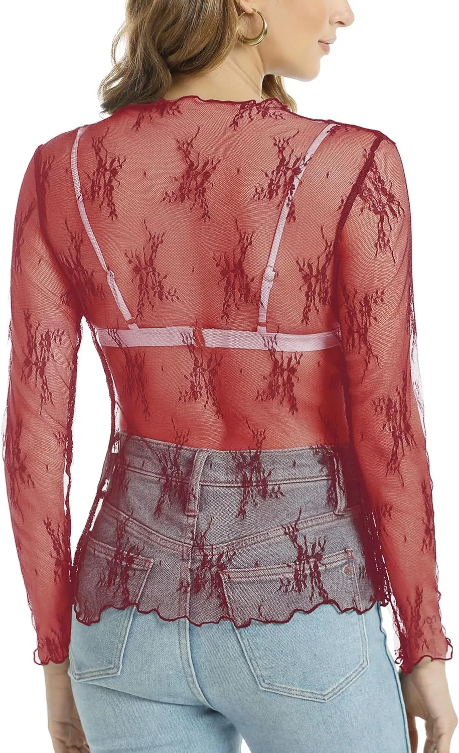 Aoulaydo lace Long Sleeve top for Women mesh Layering top Mock Neck Floral See Through Tops