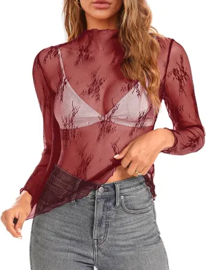 Aoulaydo lace Long Sleeve top for Women mesh Layering top Mock Neck Floral See Through Tops