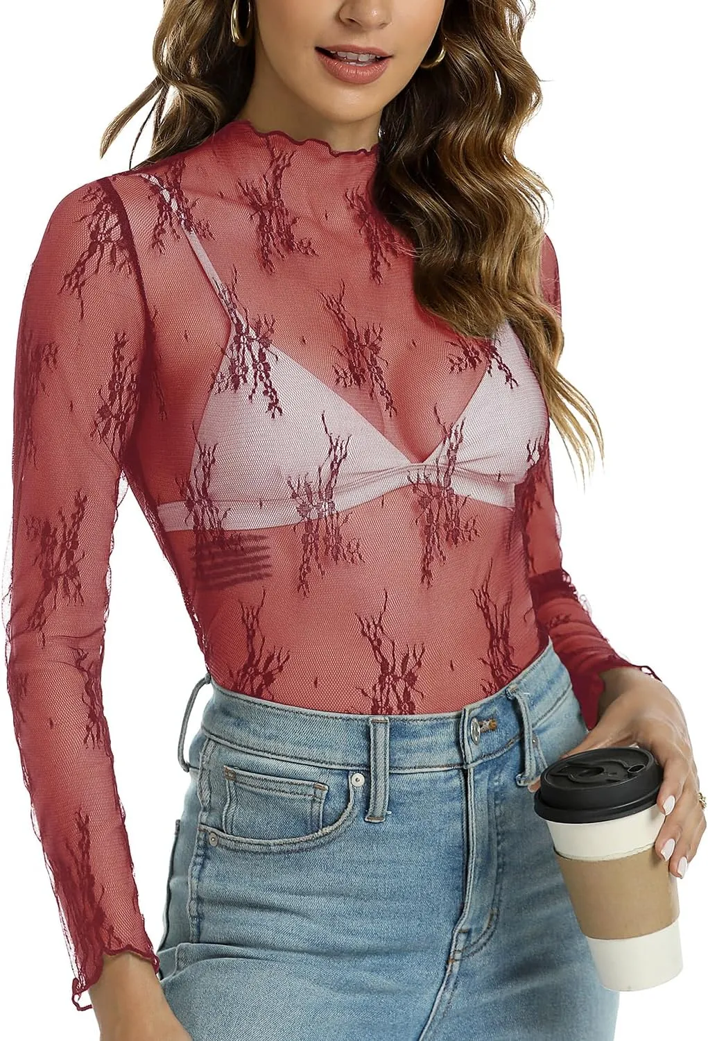 Aoulaydo lace Long Sleeve top for Women mesh Layering top Mock Neck Floral See Through Tops