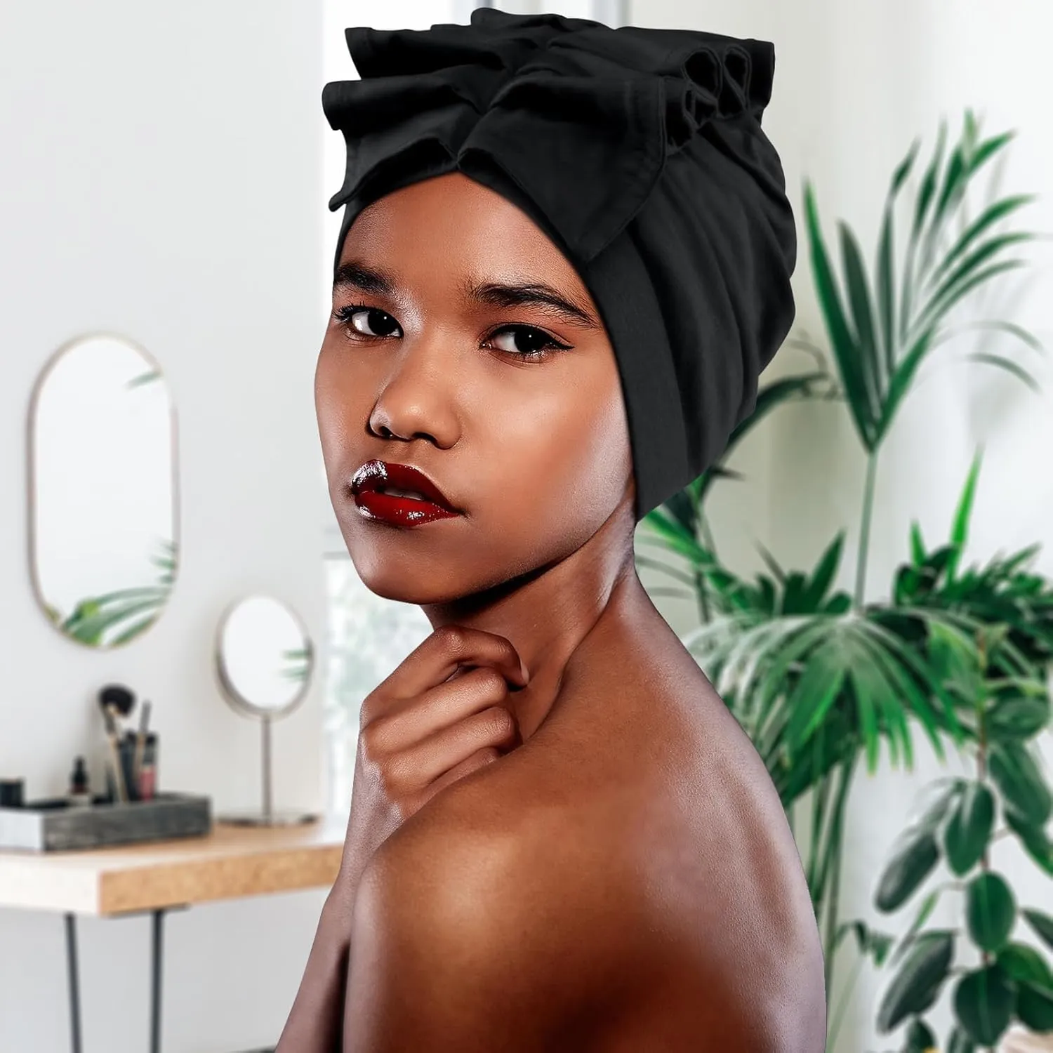 Babalet Stretch Turban Hats African Double Layered Headwraps Soft Pre-Tied Bonnet Hair Wrap Ruffles Turbans for Black Women
