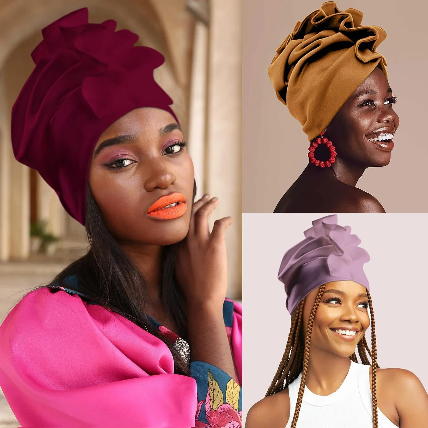 Babalet Stretch Turban Hats African Double Layered Headwraps Soft Pre-Tied Bonnet Hair Wrap Ruffles Turbans for Black Women