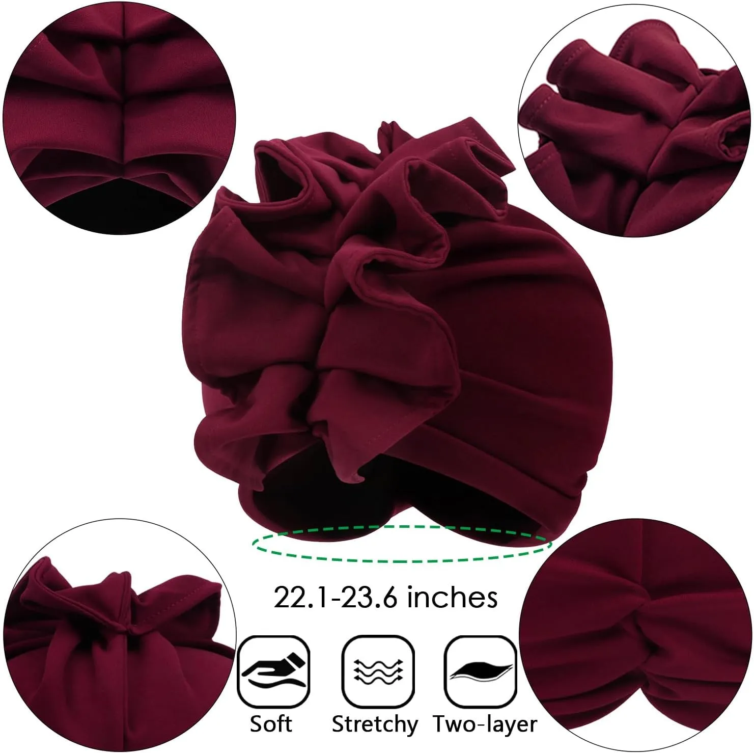 Babalet Stretch Turban Hats African Double Layered Headwraps Soft Pre-Tied Bonnet Hair Wrap Ruffles Turbans for Black Women