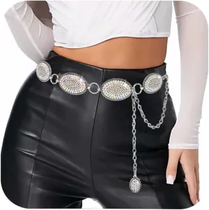 Bling Rhinestone Concho Belt Heavy Metal Western Crystal Chain Belt Cowgirl Sparkly Waist Chain for Women Dress