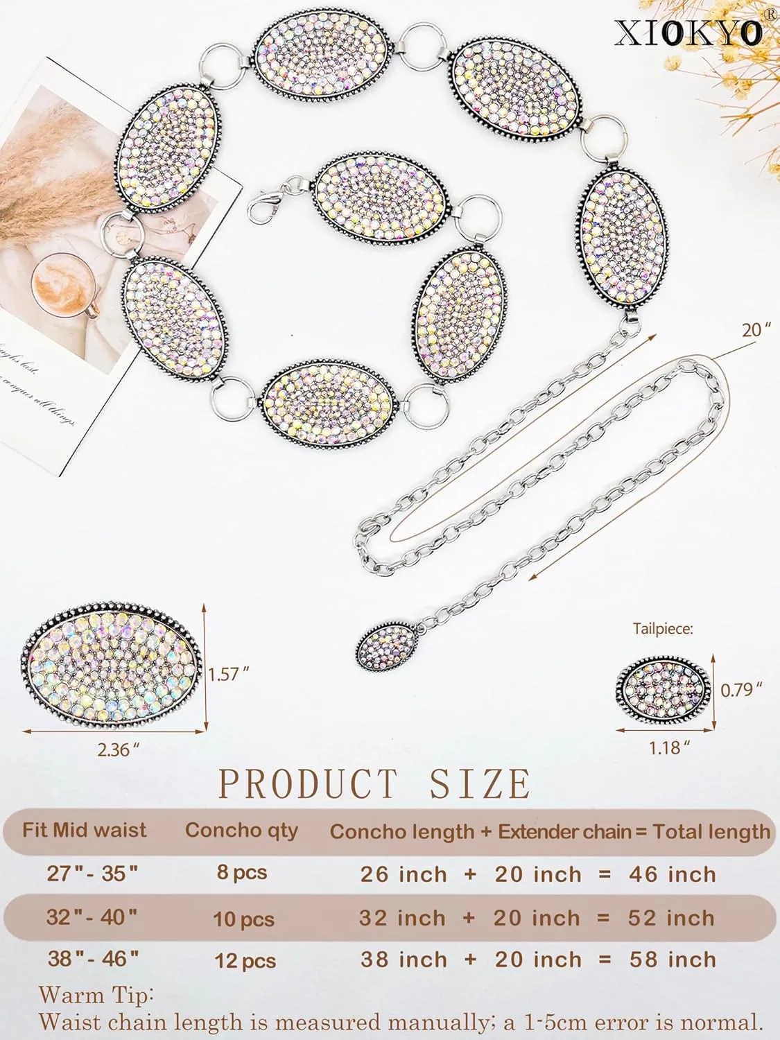 Bling Rhinestone Concho Belt Heavy Metal Western Crystal Chain Belt Cowgirl Sparkly Waist Chain for Women Dress