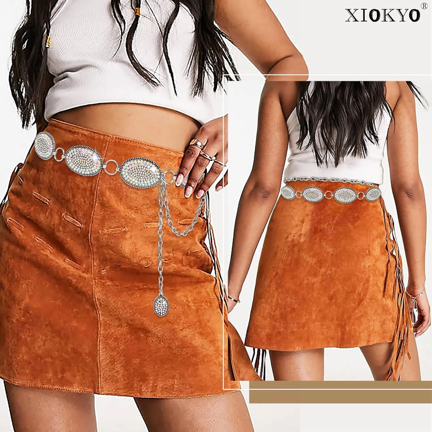 Bling Rhinestone Concho Belt Heavy Metal Western Crystal Chain Belt Cowgirl Sparkly Waist Chain for Women Dress