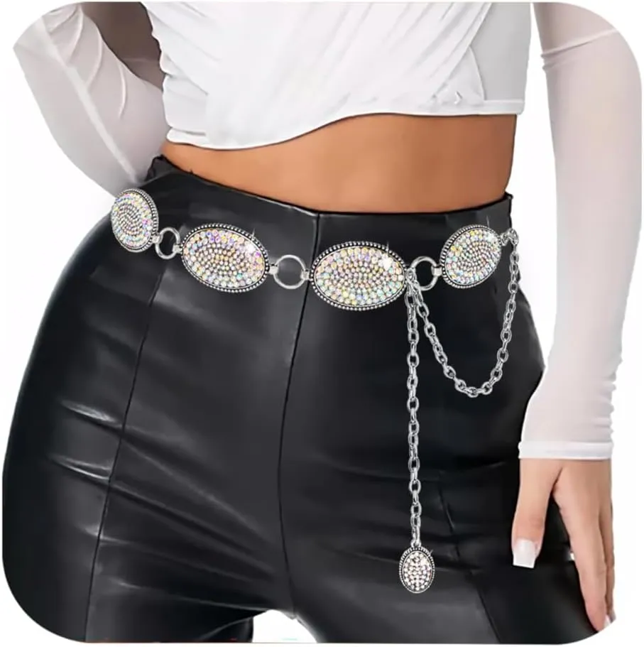 Bling Rhinestone Concho Belt Heavy Metal Western Crystal Chain Belt Cowgirl Sparkly Waist Chain for Women Dress
