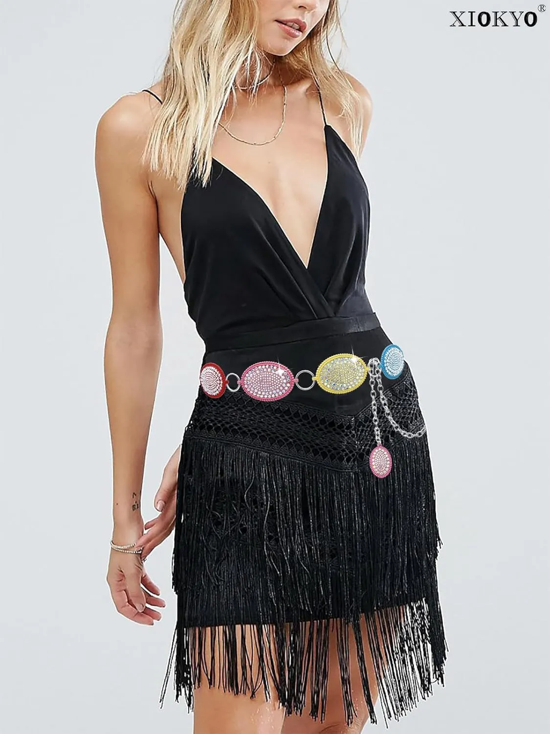 Bling Rhinestone Concho Belt Heavy Metal Western Crystal Chain Belt Cowgirl Sparkly Waist Chain for Women Dress