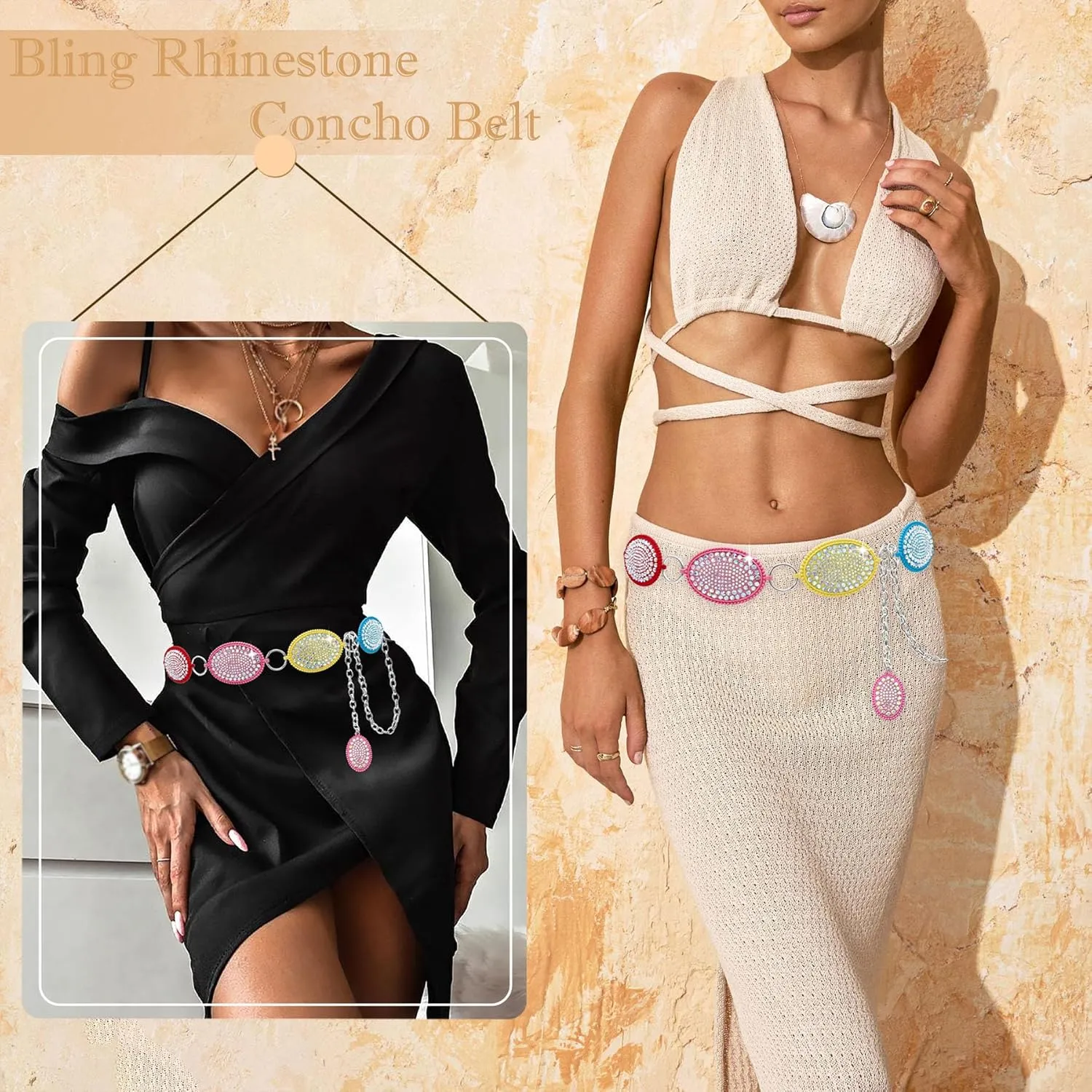 Bling Rhinestone Concho Belt Heavy Metal Western Crystal Chain Belt Cowgirl Sparkly Waist Chain for Women Dress