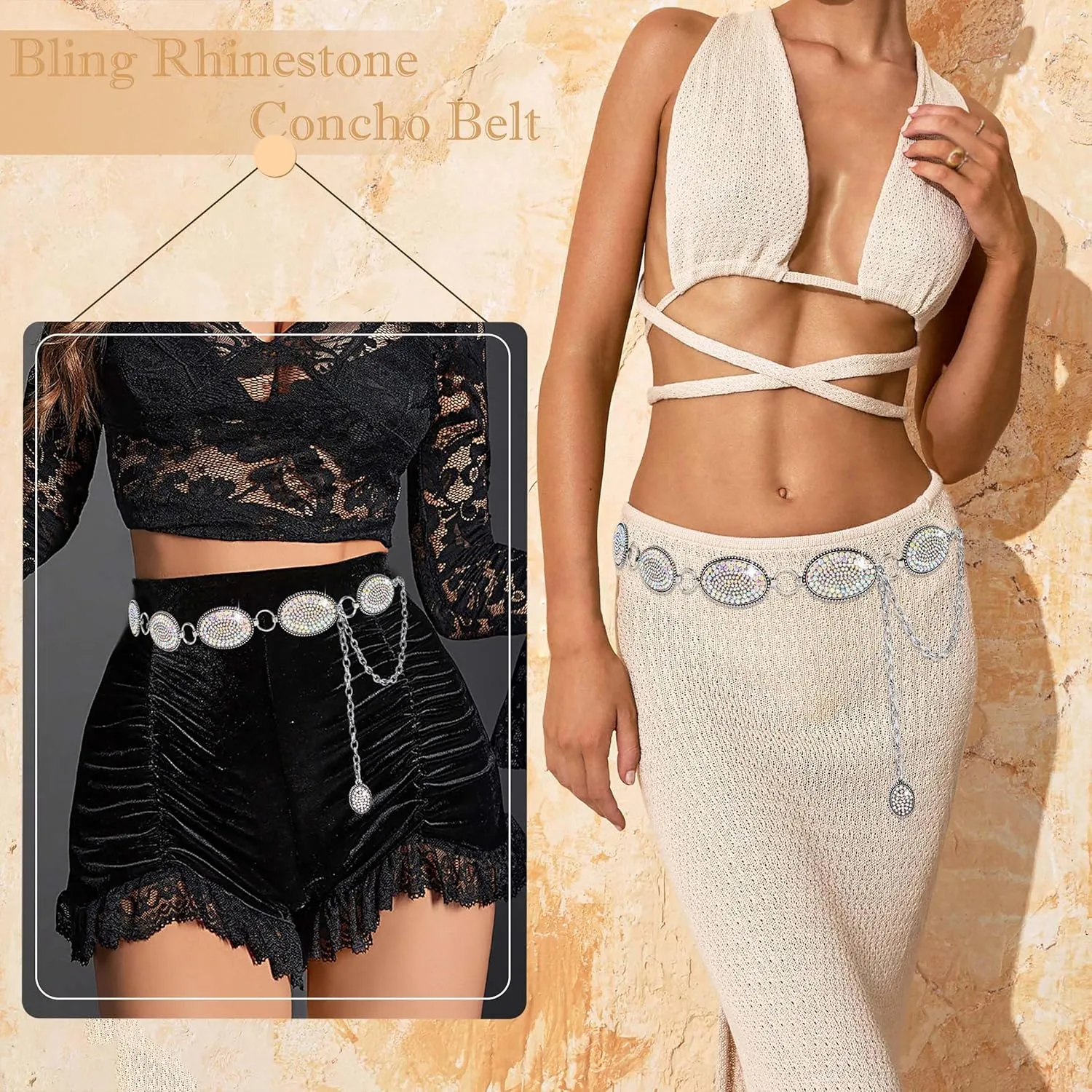 Bling Rhinestone Concho Belt Heavy Metal Western Crystal Chain Belt Cowgirl Sparkly Waist Chain for Women Dress