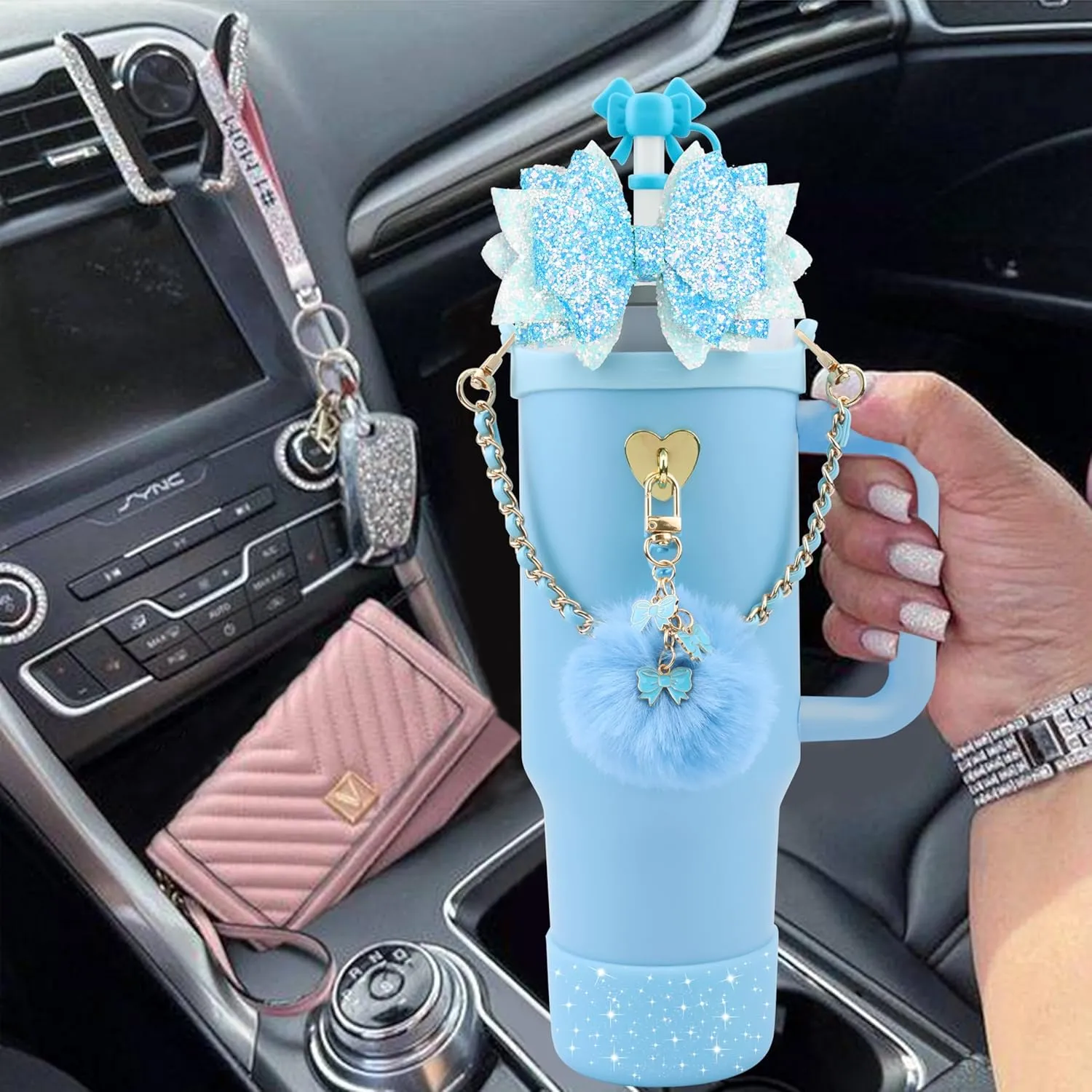 Bling Straw Cover Cap 10mm Glitter Straw Toppers for Stanley Cup 30&40oz with Silicone Boot Sleeve for Stanley Tumbler Accessoriese (Blue)