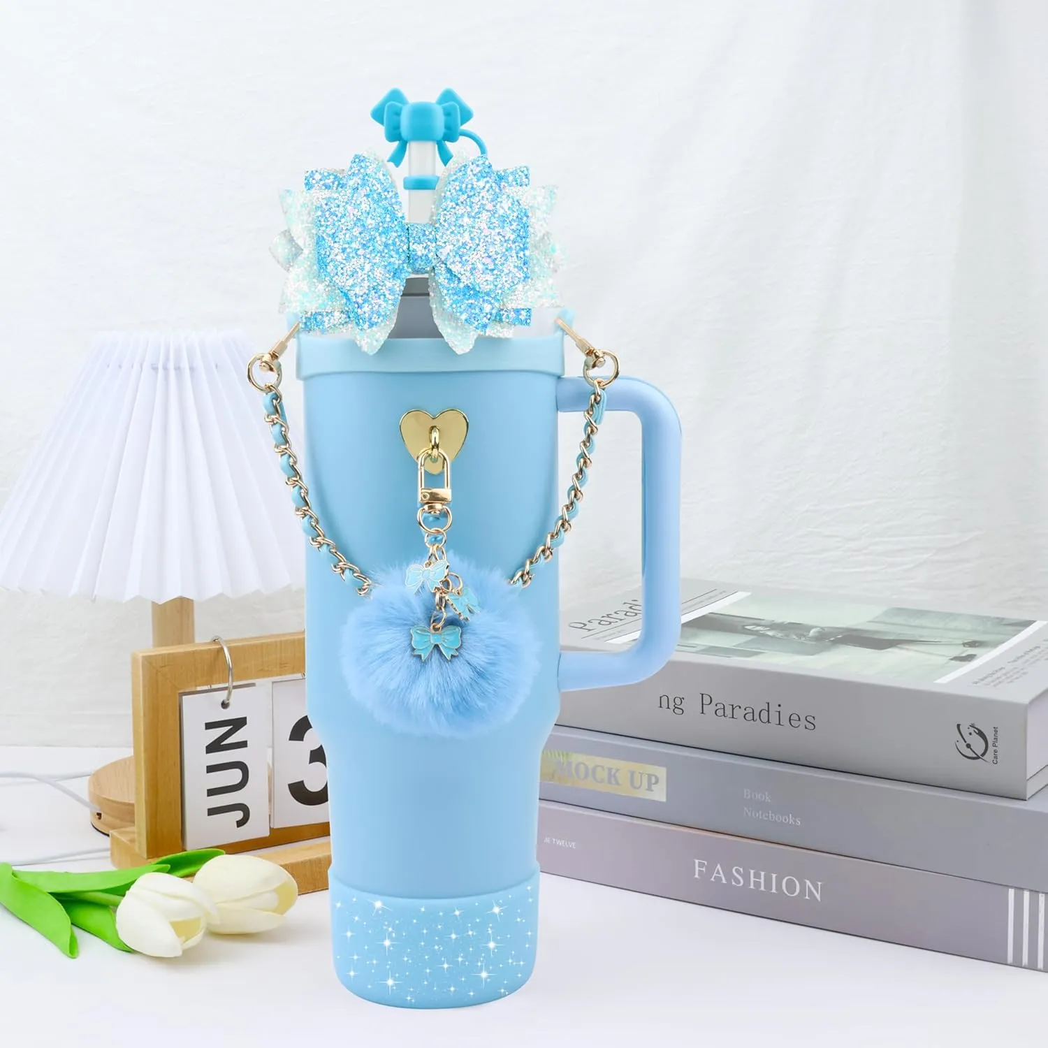 Bling Straw Cover Cap 10mm Glitter Straw Toppers for Stanley Cup 30&40oz with Silicone Boot Sleeve for Stanley Tumbler Accessoriese (Blue)