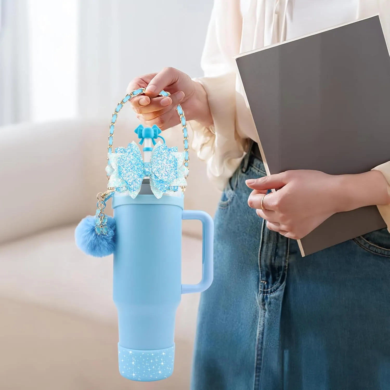 Bling Straw Cover Cap 10mm Glitter Straw Toppers for Stanley Cup 30&40oz with Silicone Boot Sleeve for Stanley Tumbler Accessoriese (Blue)