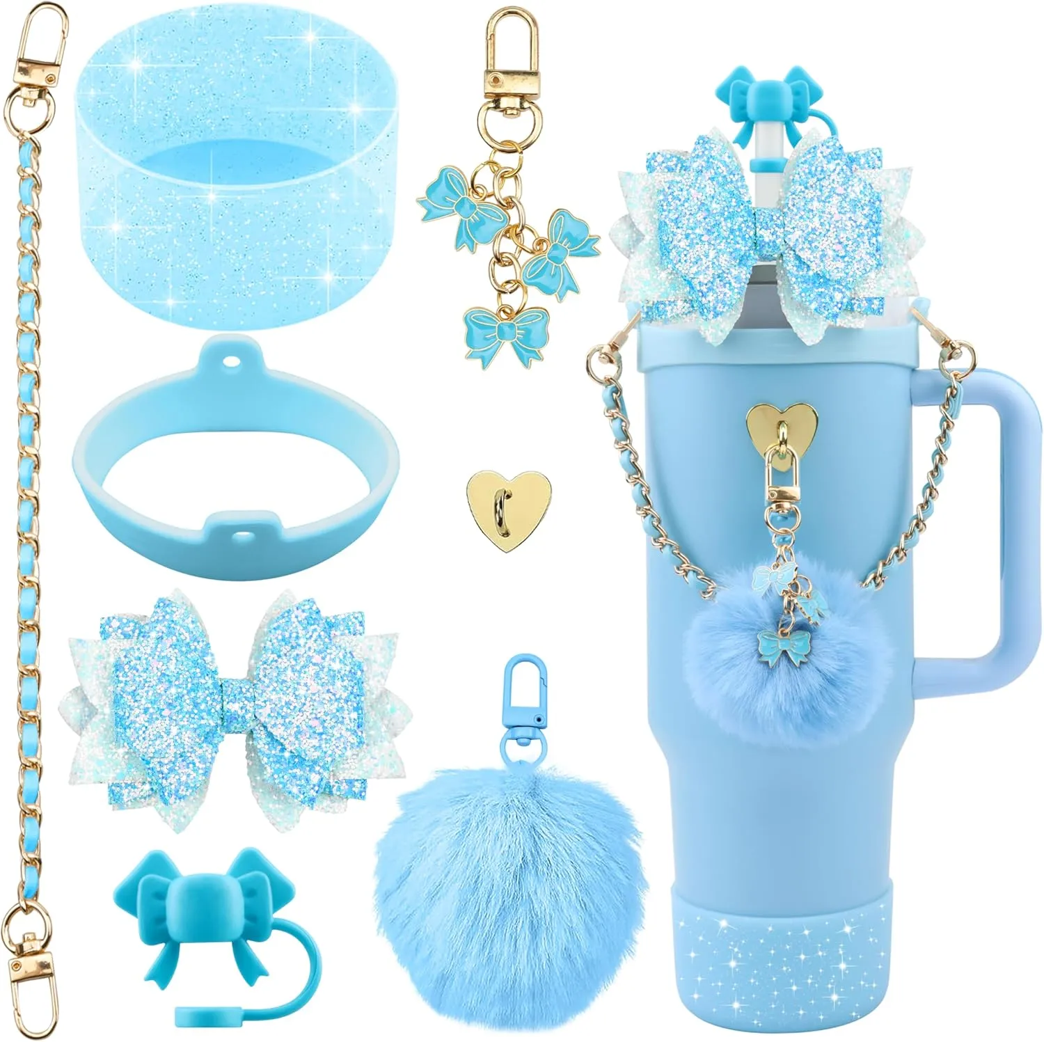 Bling Straw Cover Cap 10mm Glitter Straw Toppers for Stanley Cup 30&40oz with Silicone Boot Sleeve for Stanley Tumbler Accessoriese (Blue)