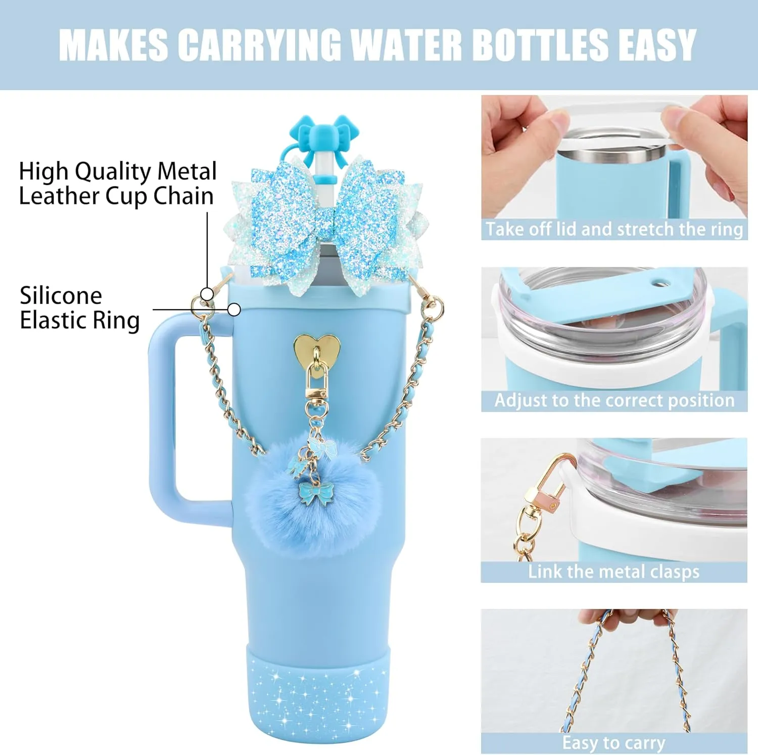 Bling Straw Cover Cap 10mm Glitter Straw Toppers for Stanley Cup 30&40oz with Silicone Boot Sleeve for Stanley Tumbler Accessoriese (Blue)