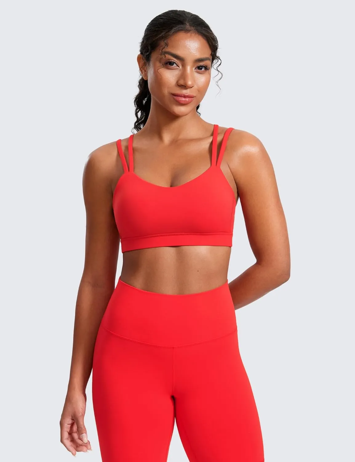 CRZ YOGA Softness Mold Butterluxe V Neck Sports Bras for Women - Workout Top Double Spaghetti Straps Wireless Yoga Clothes
