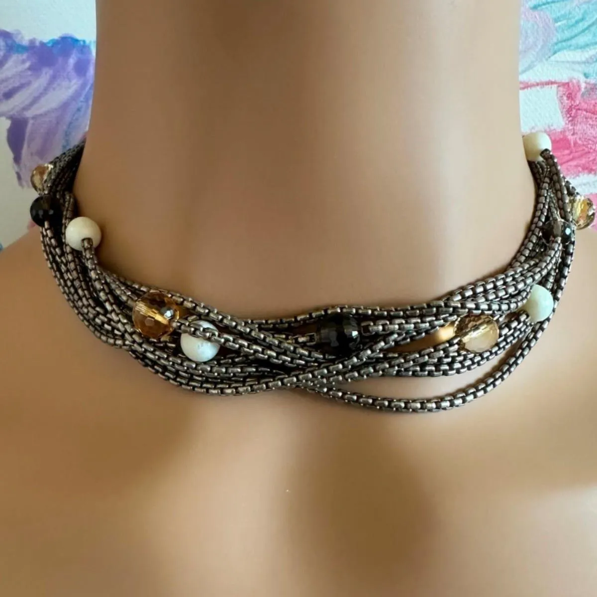 David Yurman DY 18k Yellow Gold Sterling Silver 8 Strand Box Chain Necklace