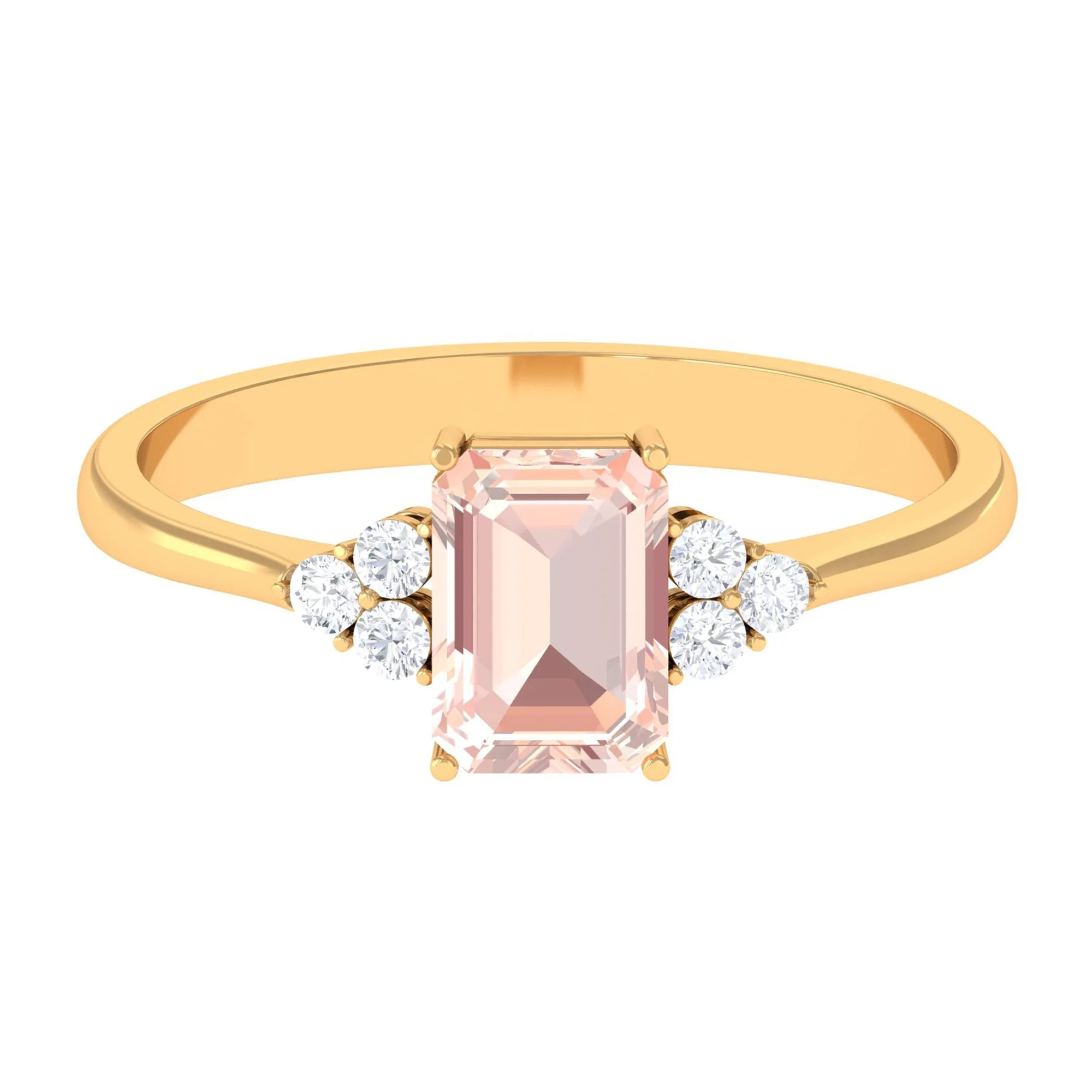 Emerald Cut Morganite Solitaire Engagement Ring with Diamond Trio