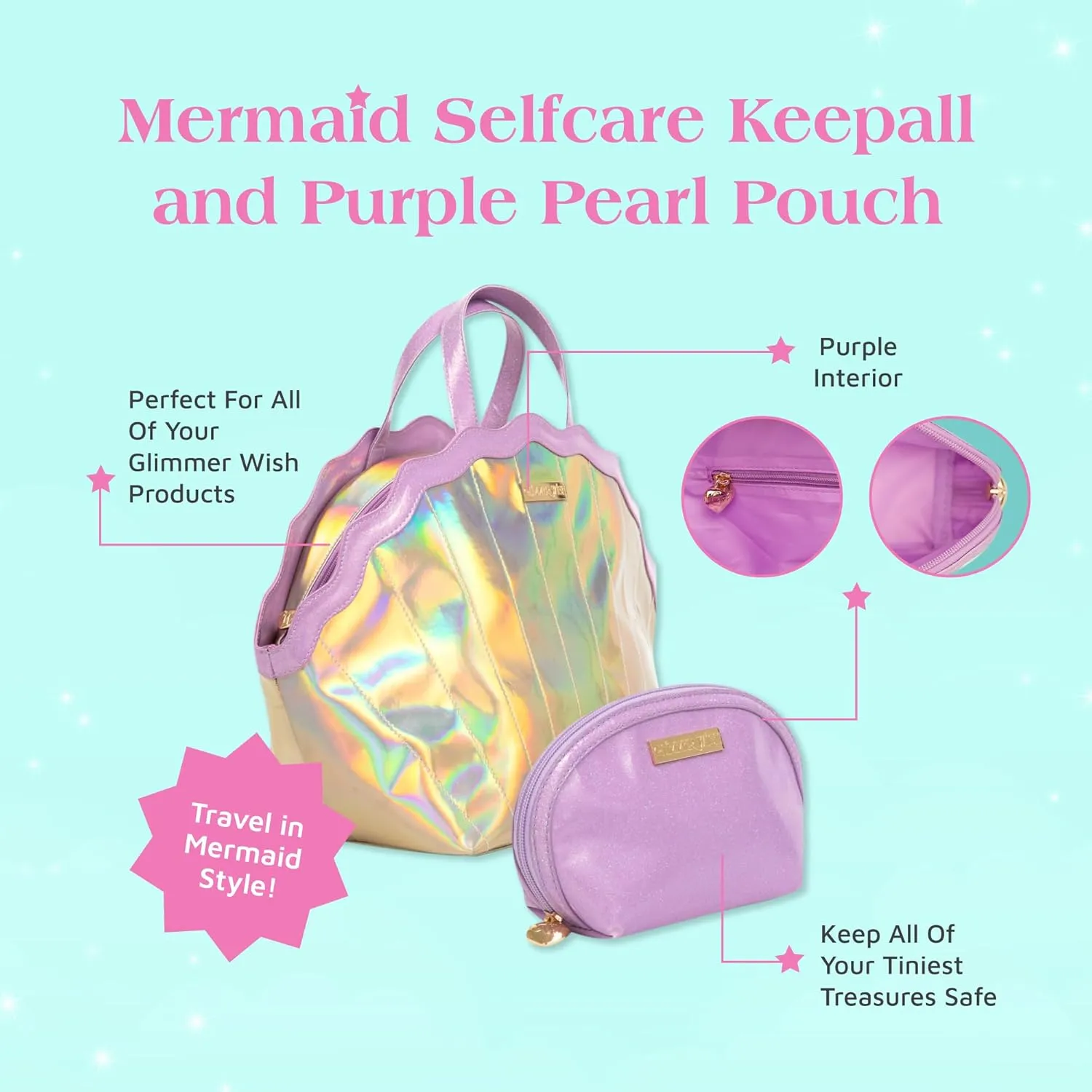 Glimmer Wish Mermaid Selfcare Keepall and Mermaid Purple Pearl Pouch, Travel Bag for Essentials and Small Cosmetic Bag, Gifts for Teens and Girls