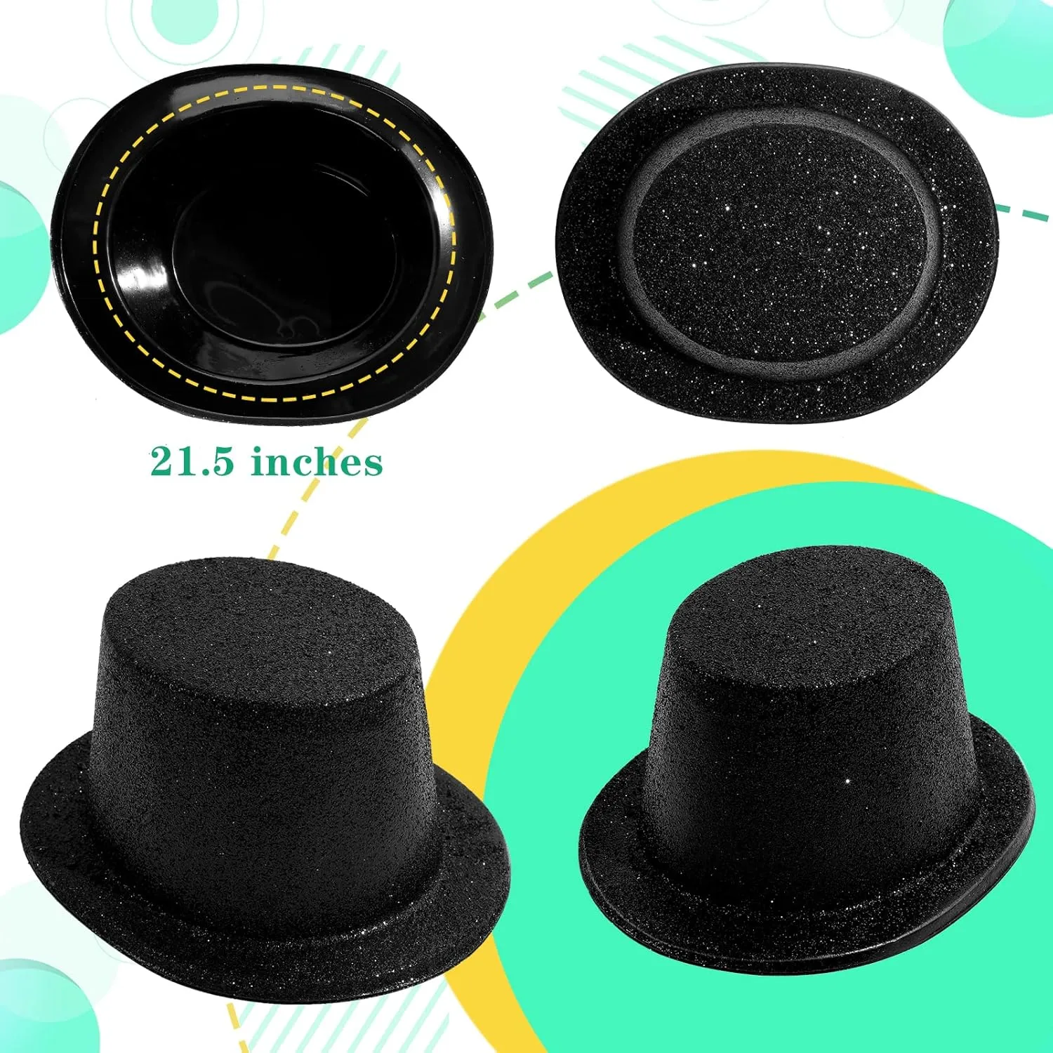 Hillban 12 Pcs Top Hats Glitter Plastic Retro Disco Party Hats for Magician Birthday Wedding Carnivals Supply(Black,Classic)