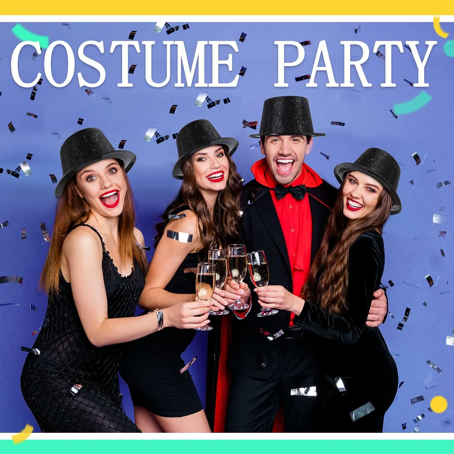 Hillban 12 Pcs Top Hats Glitter Plastic Retro Disco Party Hats for Magician Birthday Wedding Carnivals Supply(Black,Classic)