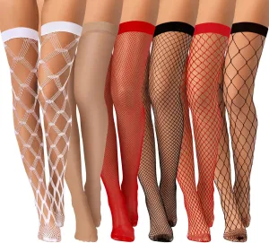 Janmercy 6 Pairs Women Fishnet Thigh High Stocking Elastic Band Top Sheer over Knee Silky Stockings for Women