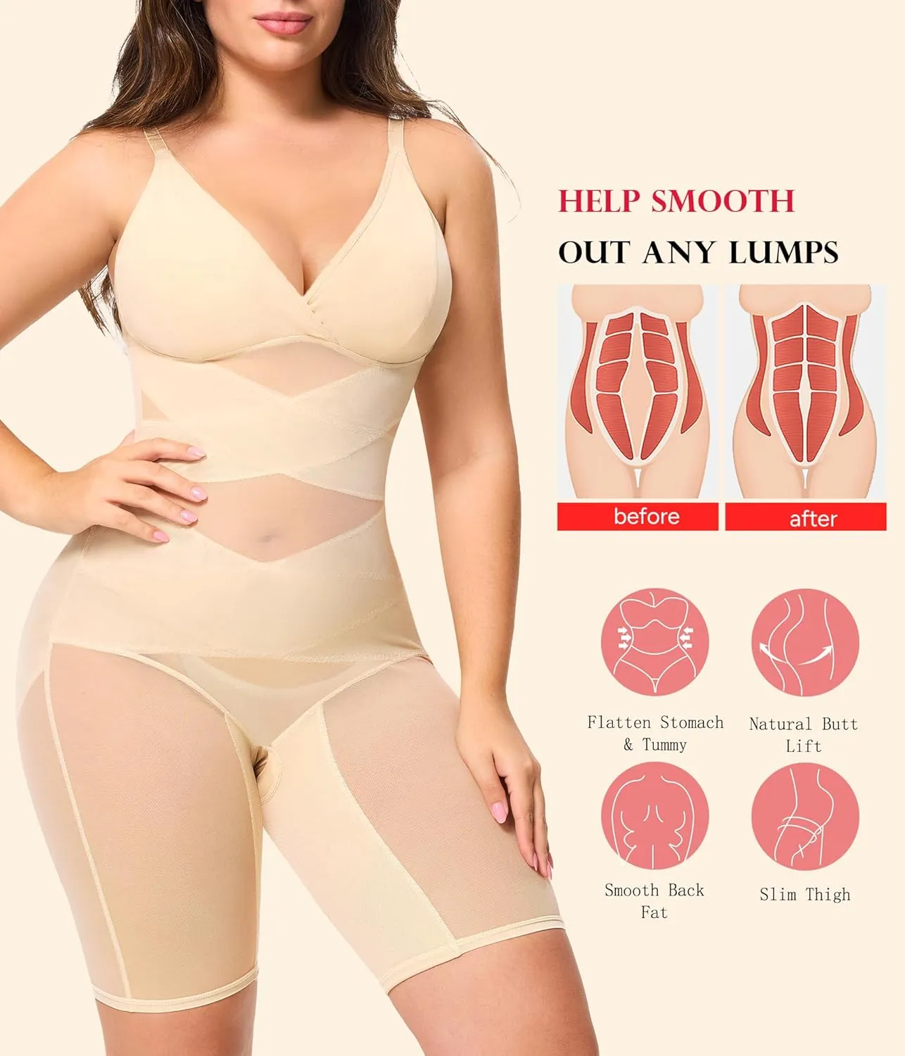 KUMAYES Shapewear Bodysuit for Women - Tummy Control Butt Lifter Fajas Body Shaper V-Neck Body suit Waist Trainer