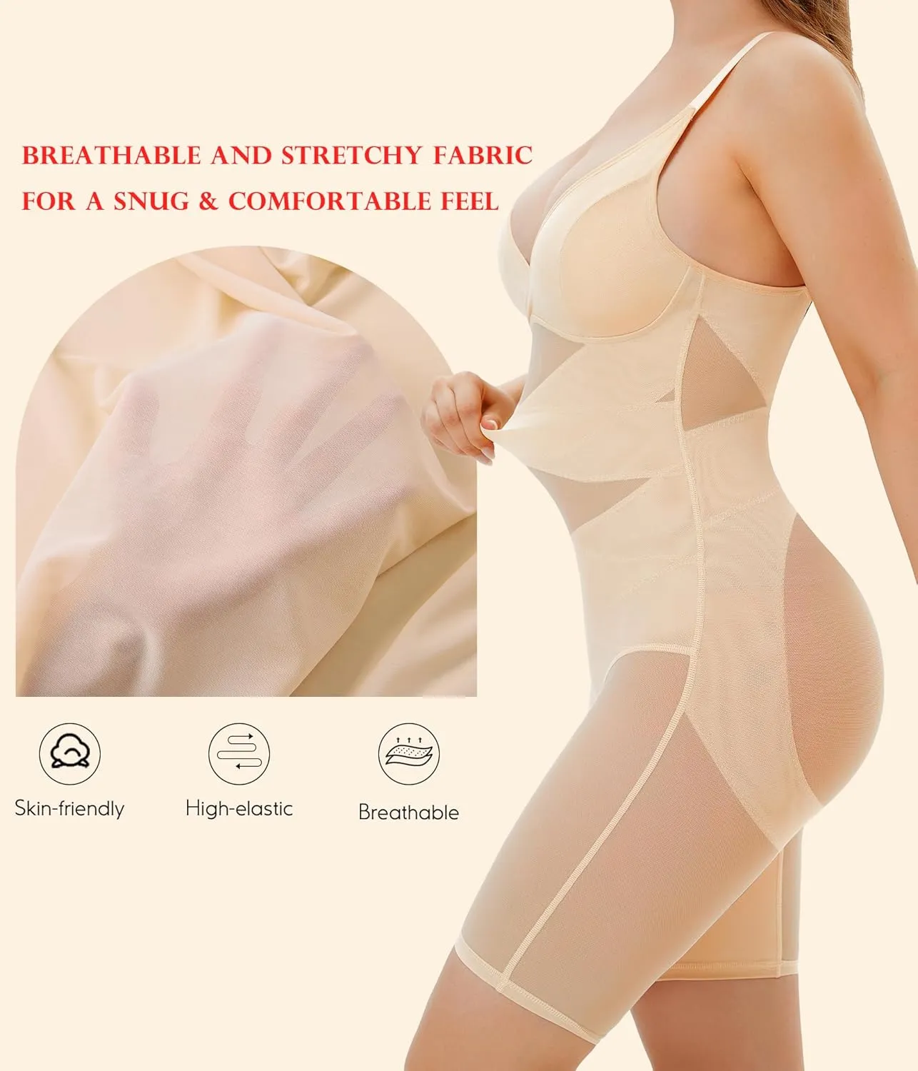 KUMAYES Shapewear Bodysuit for Women - Tummy Control Butt Lifter Fajas Body Shaper V-Neck Body suit Waist Trainer