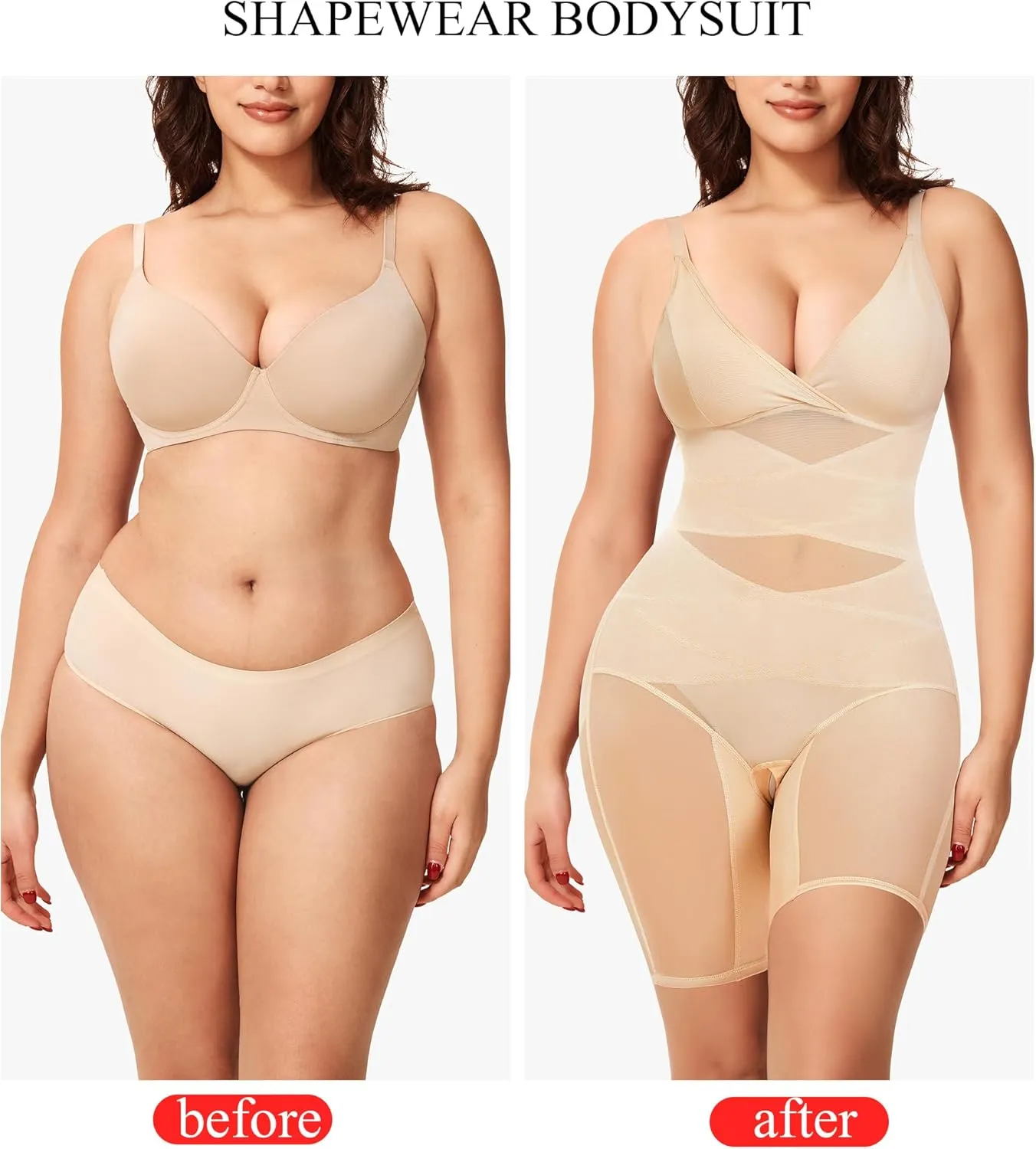 KUMAYES Shapewear Bodysuit for Women - Tummy Control Butt Lifter Fajas Body Shaper V-Neck Body suit Waist Trainer