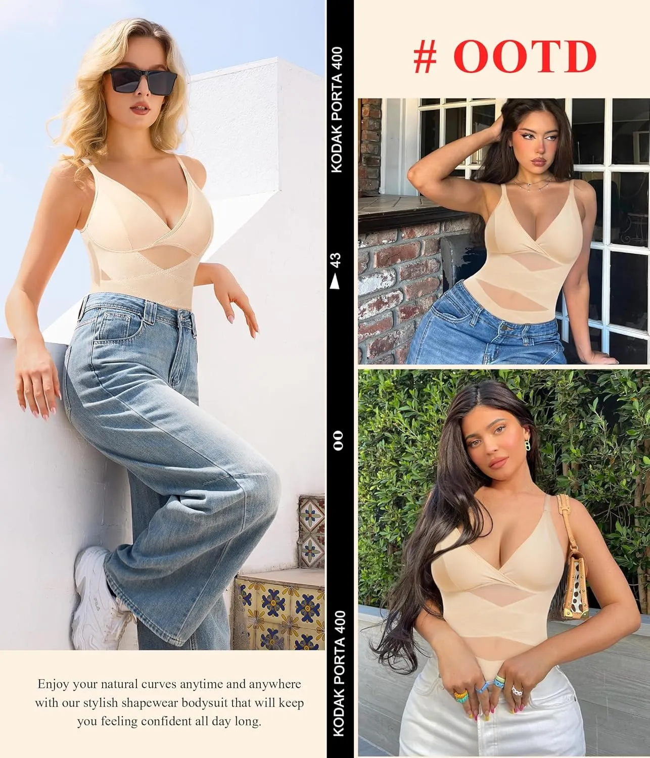 KUMAYES Shapewear Bodysuit for Women - Tummy Control Butt Lifter Fajas Body Shaper V-Neck Body suit Waist Trainer