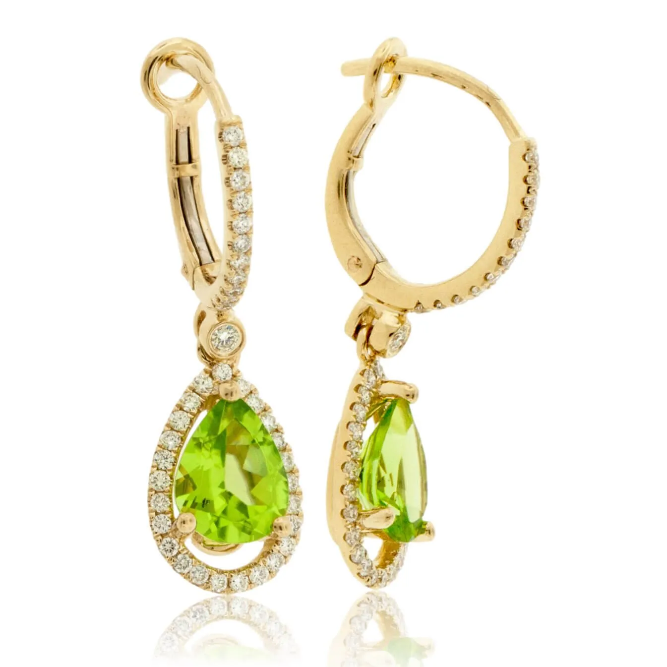 Pear Shaped Peridot & Diamond Halo Drop Earrings