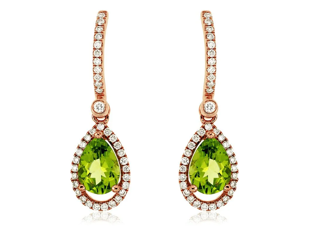 Pear Shaped Peridot & Diamond Halo Drop Earrings