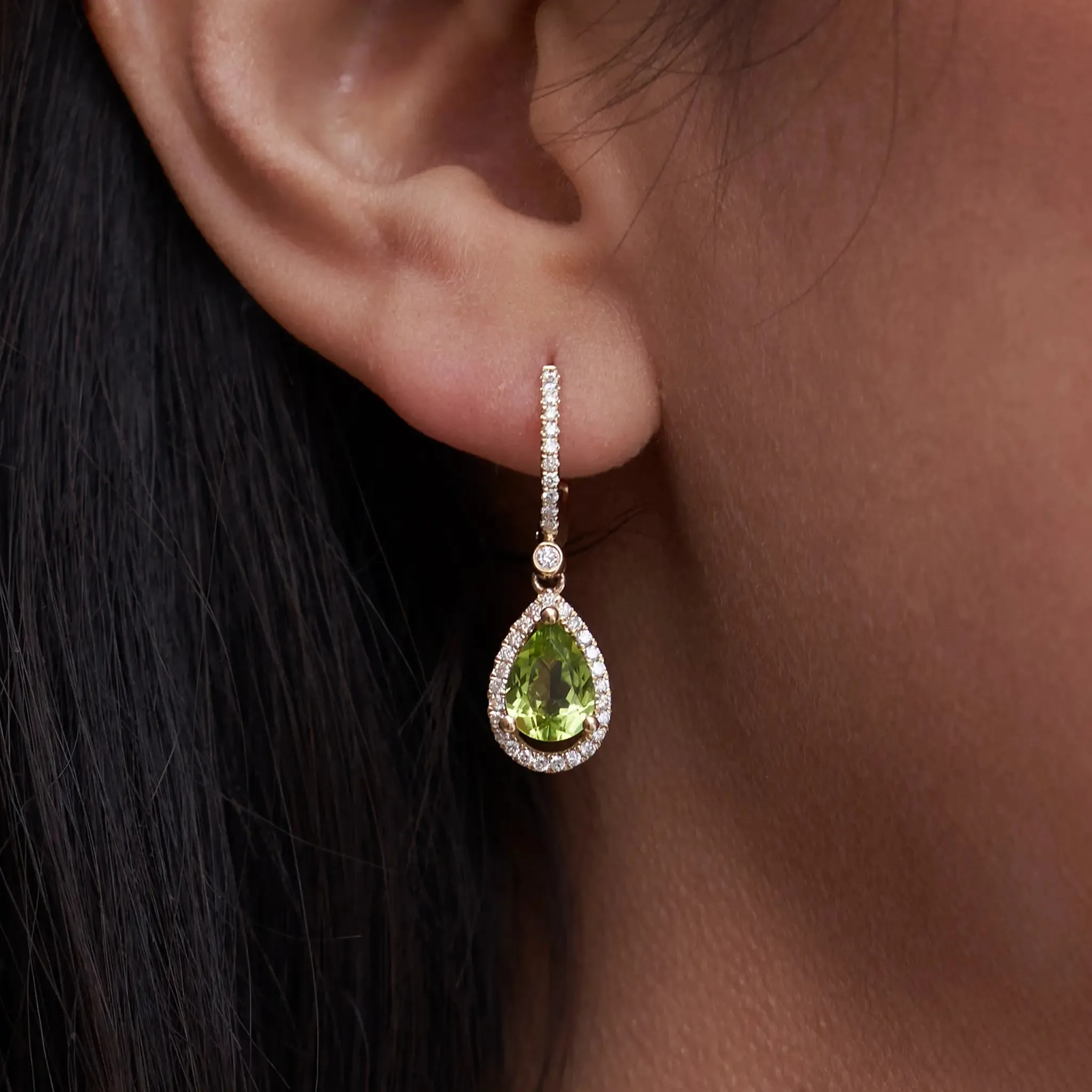 Pear Shaped Peridot & Diamond Halo Drop Earrings