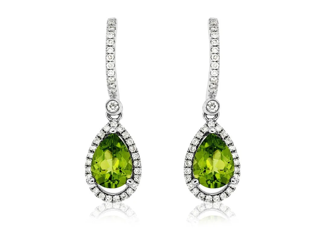 Pear Shaped Peridot & Diamond Halo Drop Earrings
