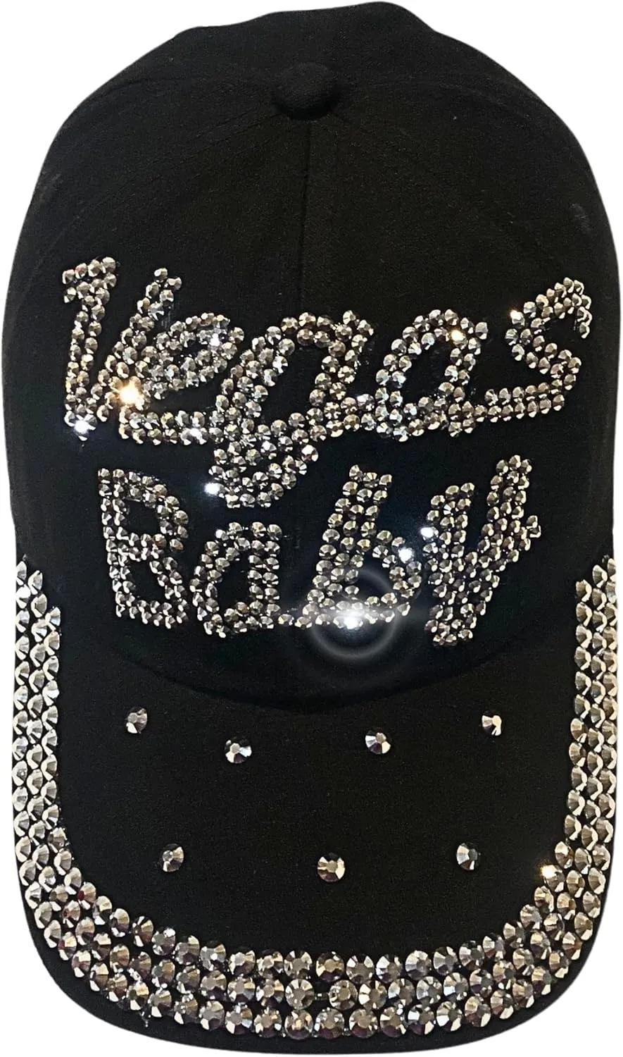 Popfizzy Bling Las Vegas Baby Hat, Rhinestone Baseball Cap for Women, Las Vegas Souvenir, Bedazzled Gifts