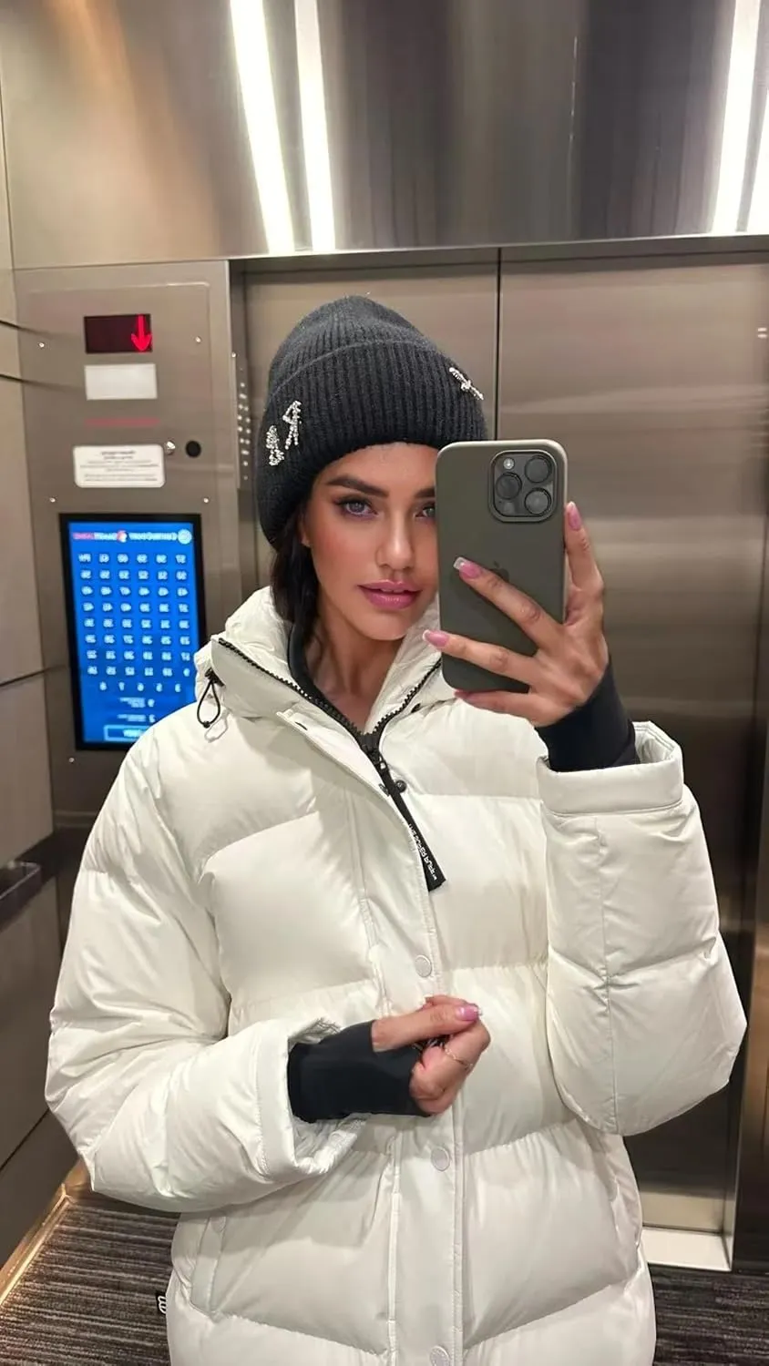 Real Rabbit Fur Diamonds Letter Beanies Hats for Women Winter Warm Knitted Hat Casual Bonnet Skiing Cap