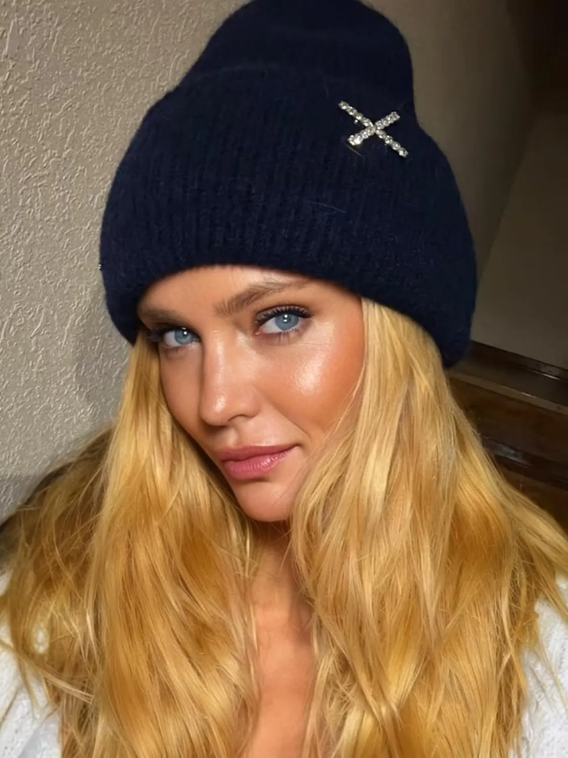 Real Rabbit Fur Diamonds Letter Beanies Hats for Women Winter Warm Knitted Hat Casual Bonnet Skiing Cap