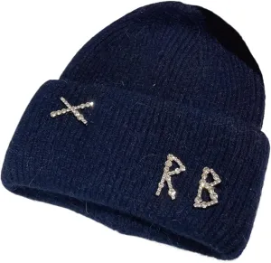 Real Rabbit Fur Diamonds Letter Beanies Hats for Women Winter Warm Knitted Hat Casual Bonnet Skiing Cap