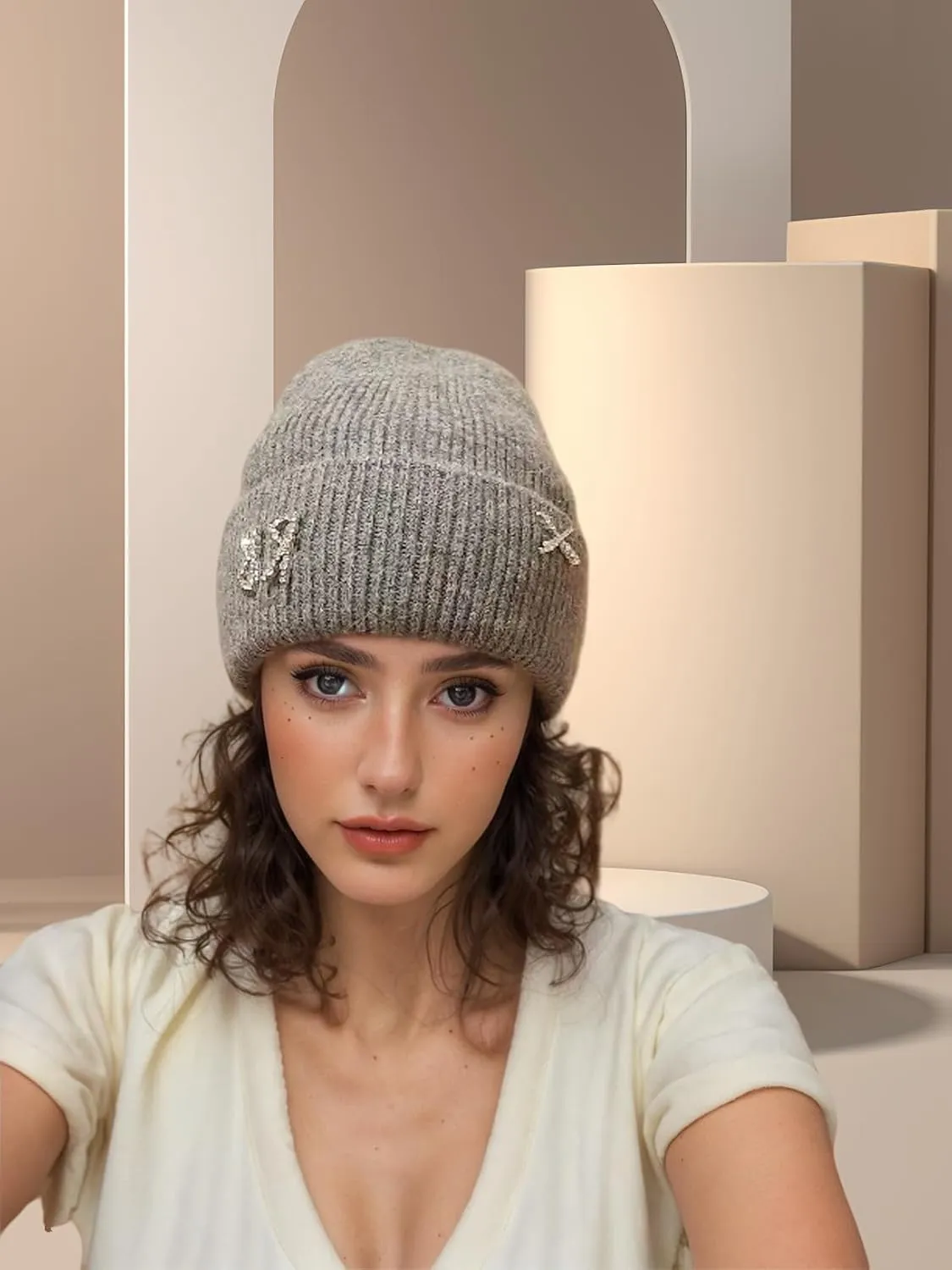 Real Rabbit Fur Diamonds Letter Beanies Hats for Women Winter Warm Knitted Hat Casual Bonnet Skiing Cap