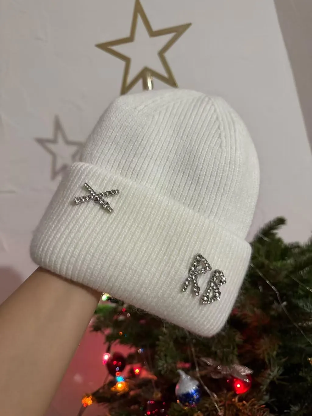 Real Rabbit Fur Diamonds Letter Beanies Hats for Women Winter Warm Knitted Hat Casual Bonnet Skiing Cap