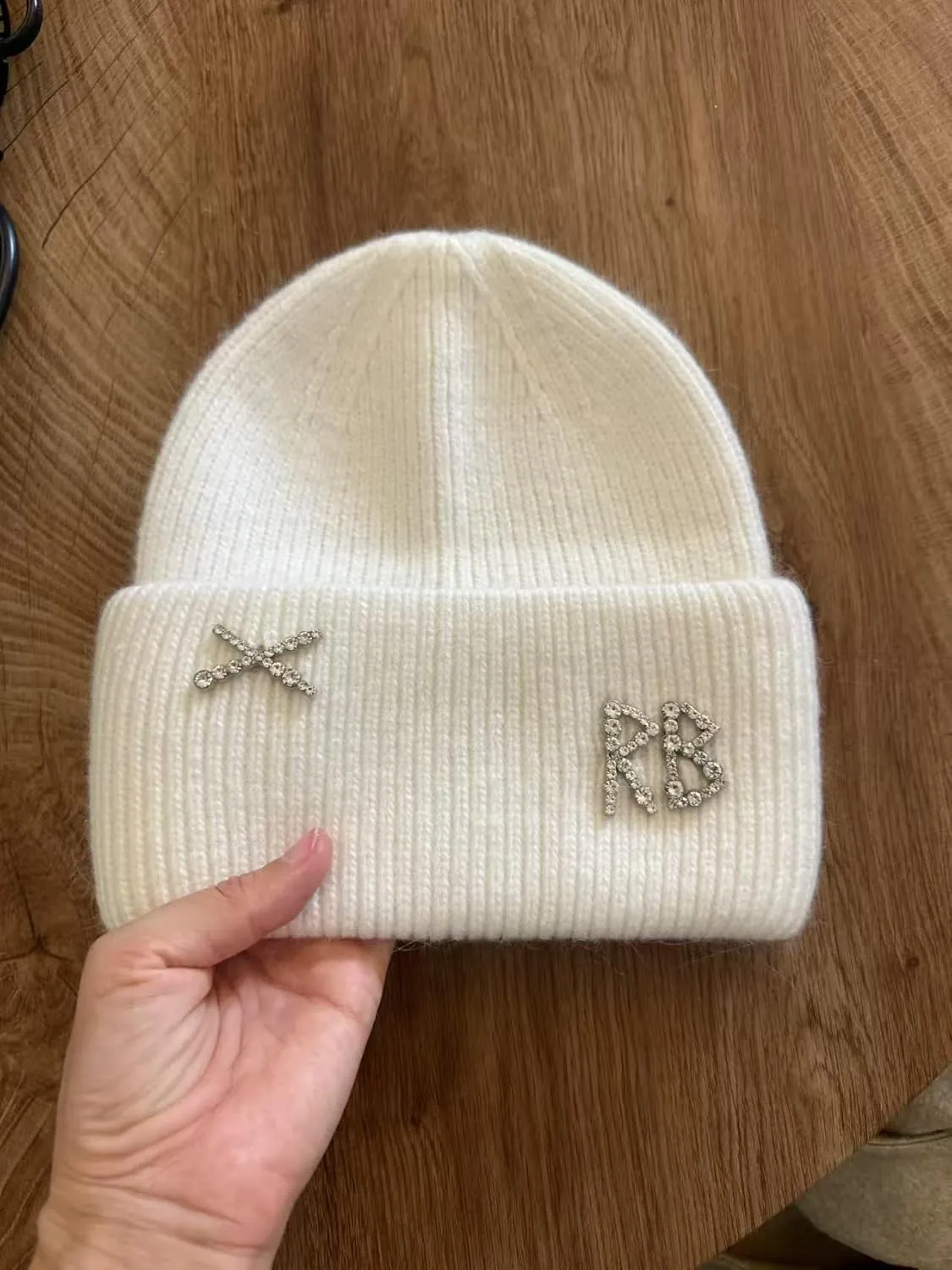 Real Rabbit Fur Diamonds Letter Beanies Hats for Women Winter Warm Knitted Hat Casual Bonnet Skiing Cap