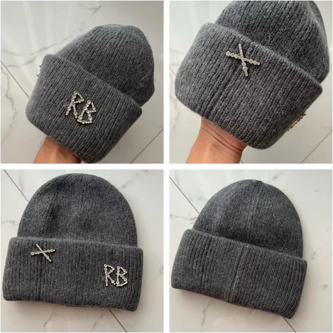 Real Rabbit Fur Diamonds Letter Beanies Hats for Women Winter Warm Knitted Hat Casual Bonnet Skiing Cap