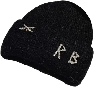 Real Rabbit Fur Diamonds Letter Beanies Hats for Women Winter Warm Knitted Hat Casual Bonnet Skiing Cap