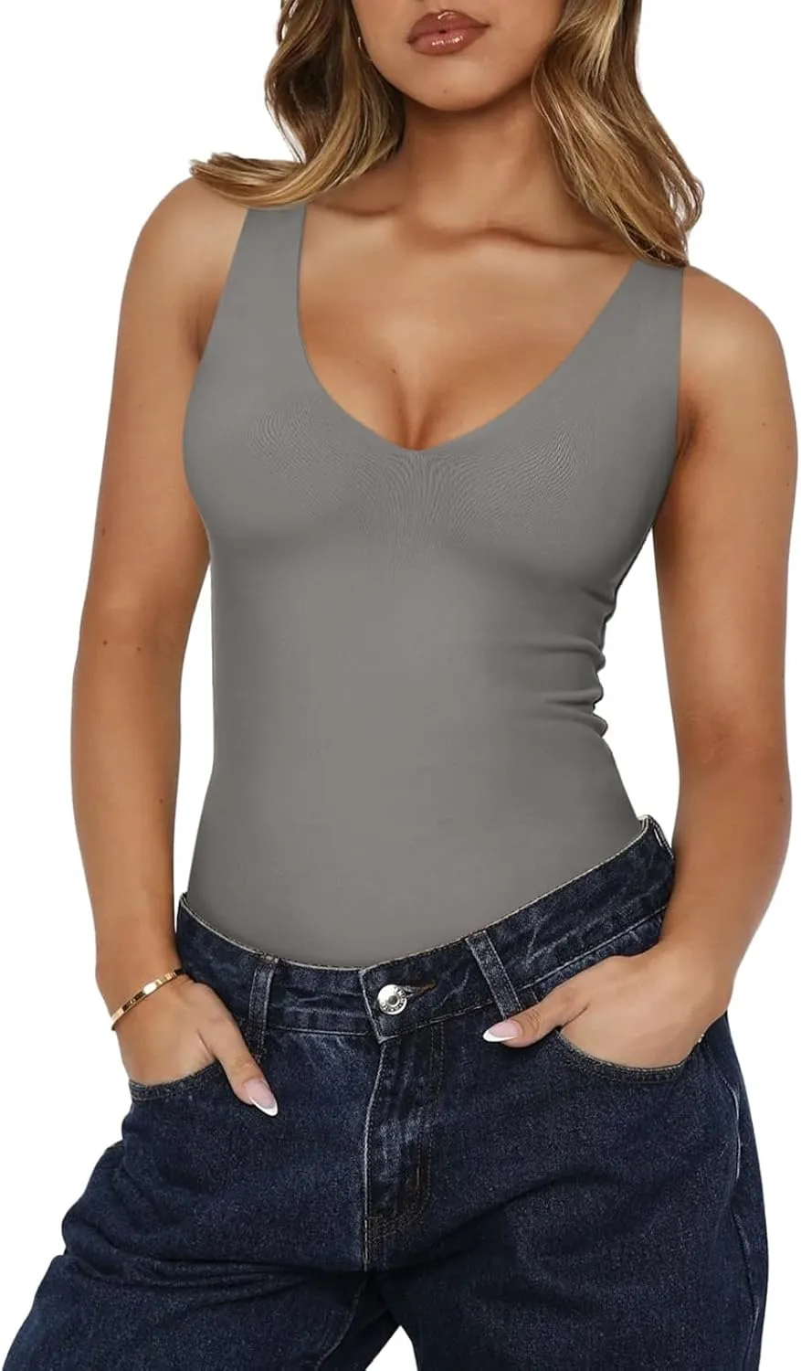 REORIA Butsmooth Womens Trendy Sexy Plunge Deep V Neck Sleeveless V Backless Going Out Tank Bodysuits Tops