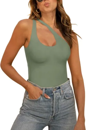 REORIA Butsmooth Women's Trendy Sexy Plunge One Shoulder Sleeveless V Backless Going Out Tank Bodysuits Tops